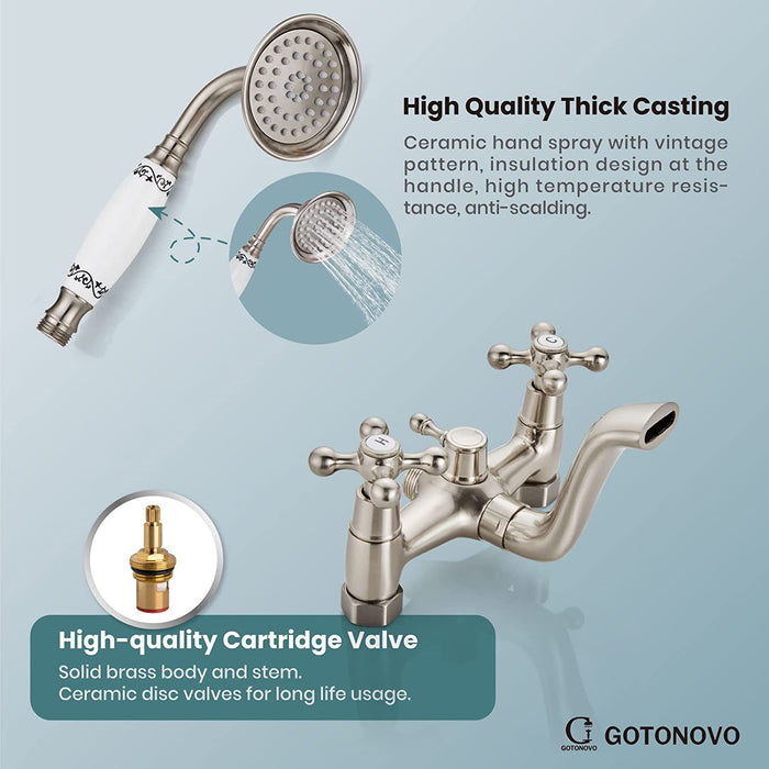 gotonovo Wall Mount Bathtub with Hand Held Shower Spray Faucet Set Bathroom Double Cross Handle 2 Functions 360 Swivel Mixer Tub Spout