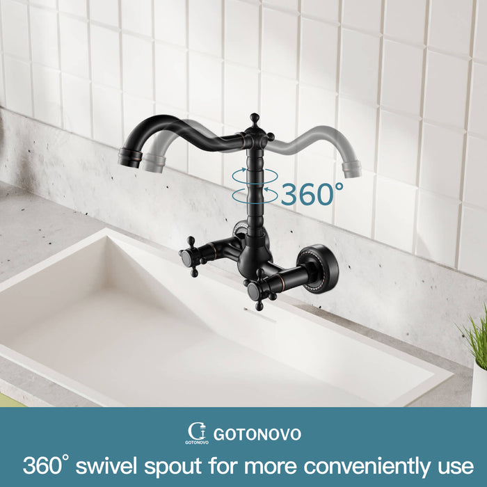 gotonovo Wall Mount Sink Faucet Dual Knobs cross Handle Vintage Kitchen Bathroom Farmhouse Mixer Tap