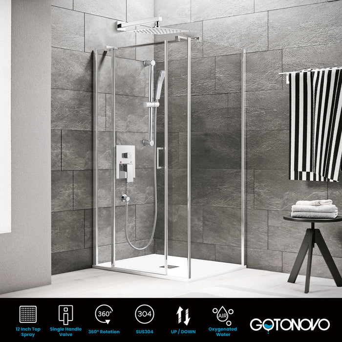 Gotonovo Rain Shower Combo Set Wall Mount 12 inch Square Rain Shower Head with Adjustable Angle Slide Bar Shower Trim Kit Pressure Balance Shower System Rough-in Valve and Trim Included