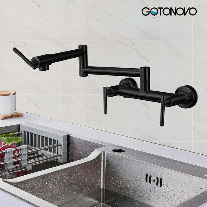 gotonovo Matte Black Pot Filler Faucet for Both Hot Cold Water Folding Kitchen Faucet Wall Mount Commercial Restaurant 8 Inch Spacing Three Handles Stainless Steel Mixer Tap with Double Joint Swing Arm