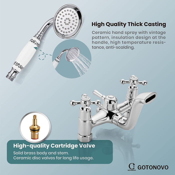 gotonovo Wall Mount Bathtub with Hand Held Shower Spray Faucet Set Bathroom Double Cross Handle 2 Functions 360 Swivel Mixer Tub Spout