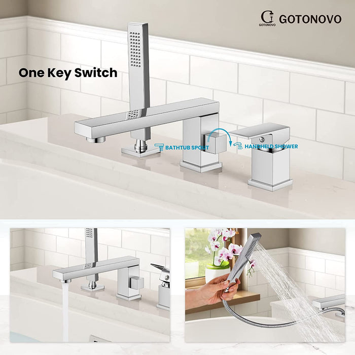 gotonovo Deck Mount Roman Tub Filler Faucet 3-Hole Single Handle Widespread Bathtub Faucet with Handheld Shower Bathroom Tub Faucet Set