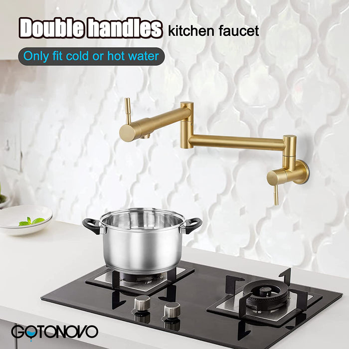 gotonovo Pot Filler Faucet Folding Stretchable Wall Mount Kitchen Restaurant Sink Faucet SUS304 Stainless Steel with Double Joint Swing Arm Single Hole Two Handles Commercial NPT