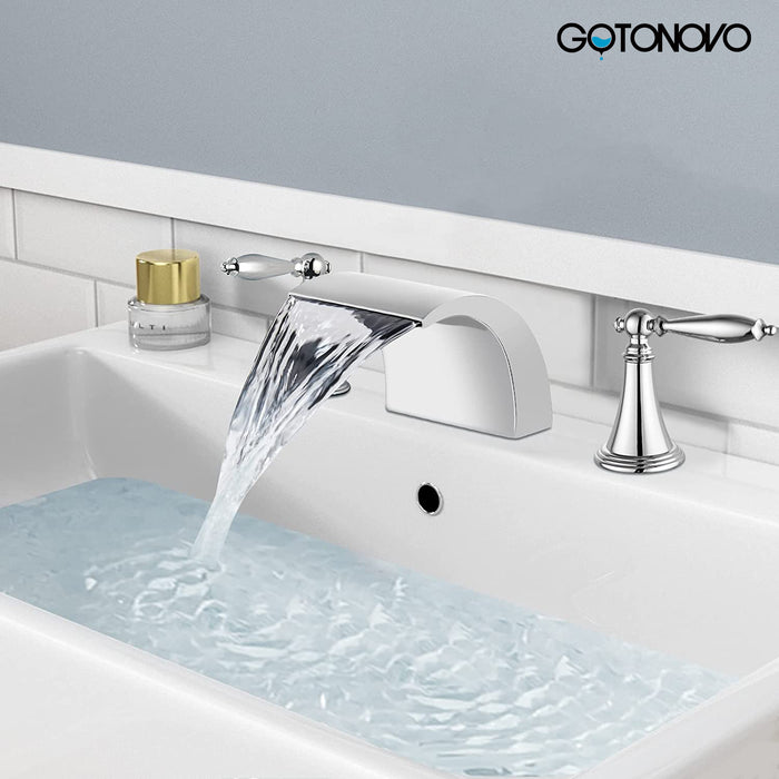 gotonovo Bathroom Widespread Sink Faucet Waterfall Spout 8 16 Inch Dual Handles Three Holes Deck Mount Pop Up Drain with Overflow Bathtub Basin Mixer Tap Commercial