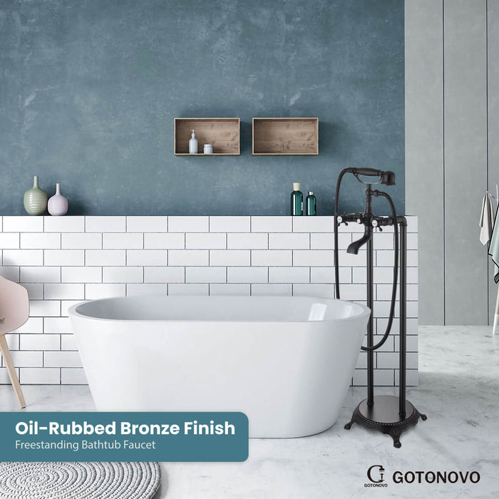 gotonovo Freestanding Bathtub Faucet Floor Mount Tub Filler Double Cross Knobs Bathroom Mixing Tap with Handheld Shower Telephone Shape