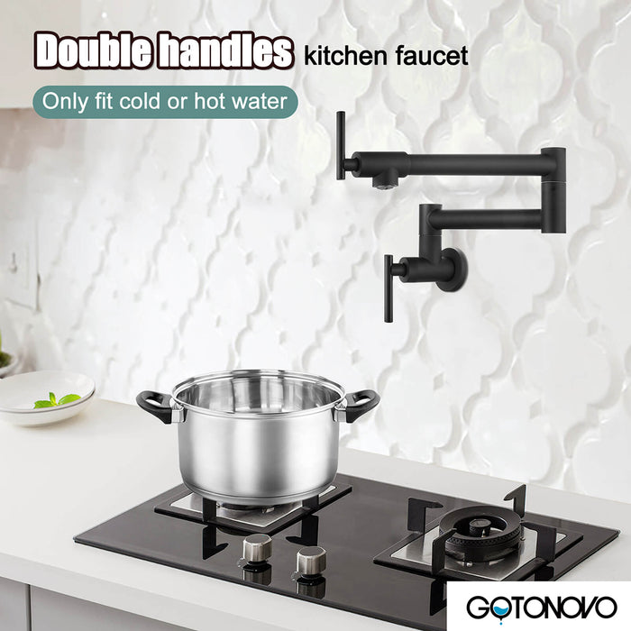 gotonovo Stainless Steel SUS304 Pot Filler Faucet Wall Mounted Double Joint Swing Folding Arms with Two Handles Single Hole Commercial Kitchen Sink Faucet to Control Water Stovetop