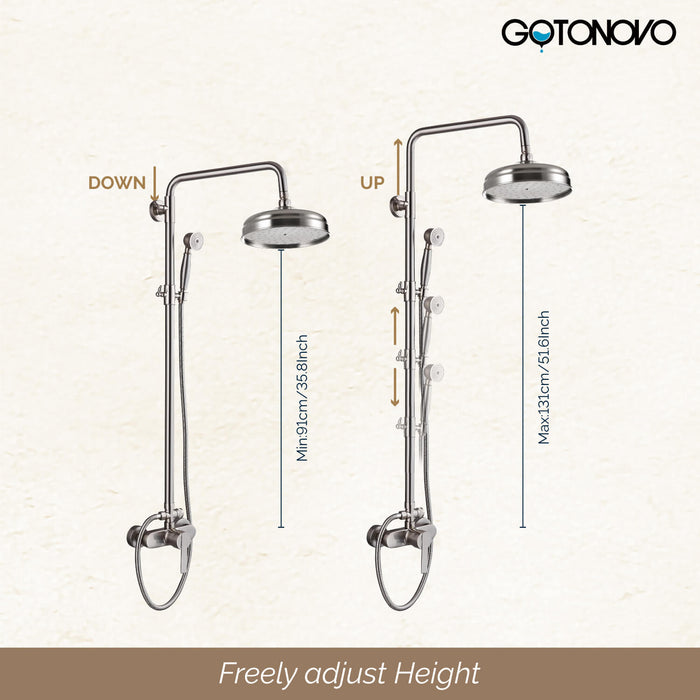 gotonovo Shower Fixture Exposed Pipe Shower System Brass 8 Inch Dual Functions Rainfall Overhead with Handheld Spray Solid Copper Diverter Bathroom Shower Faucet Combo Unit Set