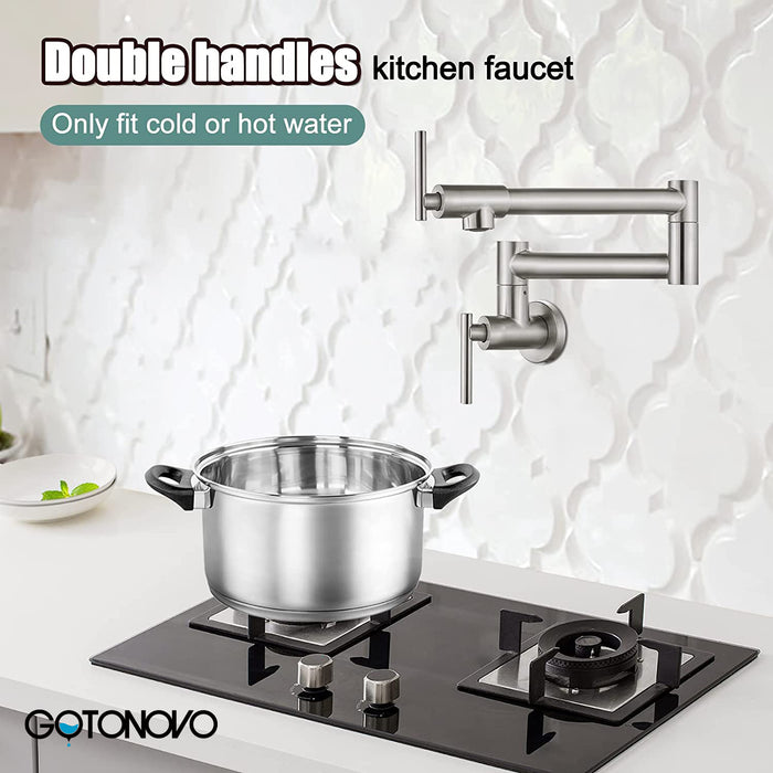 gotonovo Stainless Steel SUS304 Pot Filler Faucet Wall Mounted Double Joint Swing Folding Arms with Two Handles Single Hole Commercial Kitchen Sink Faucet to Control Water Stovetop