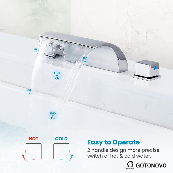 gotonovo Bathroom Waterfall Tub Faucet Deck Mount Roman Tub Filler 3 Hole Bathtub Faucet with Square Knob Handle Bathtub Spout Brass Valve Stainless Steel Water Supply Lines High Flow