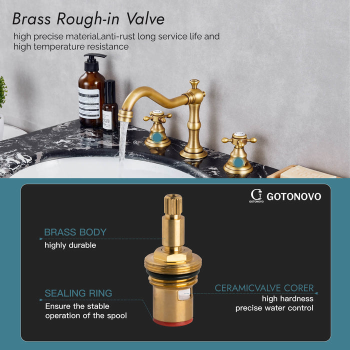 gotonovo Bathroom Sink Faucet Deck Mount Widespread Double Mixing Tap Cross Knobs 3 Hole with Pop Up Drain