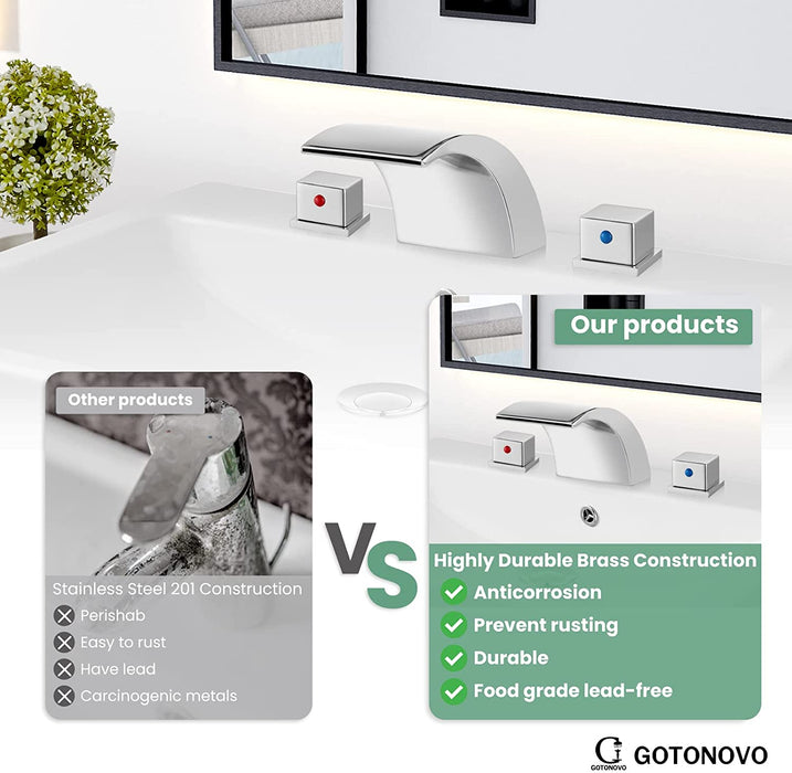 Gotonovo Waterval Wijdverspreide 3 Gaten Badkamer Wastafel Kraan Badrandcombinaties 8-16 Inch Dubbele Handgrepen Commercieel met Pop-Up Afvoer
