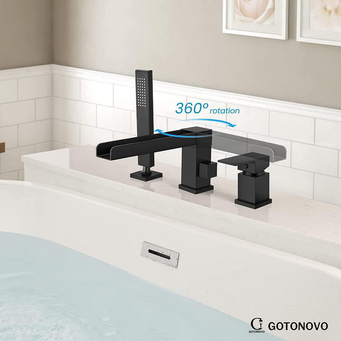 Gotonovo Waterval Romeinse badkuipkraan Tub Filler 3-gats dekmontage Enkele handgreep Wijdverspreide badkuipkraan met handdouche Badkamerkraan