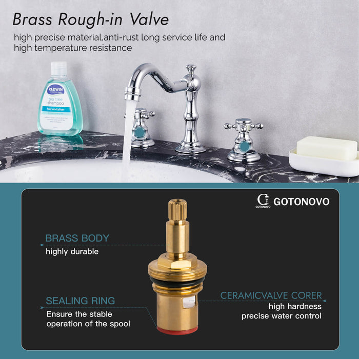 gotonovo Bathroom Sink Faucet Deck Mount Widespread Double Mixing Tap Cross Knobs 3 Hole with Pop Up Drain