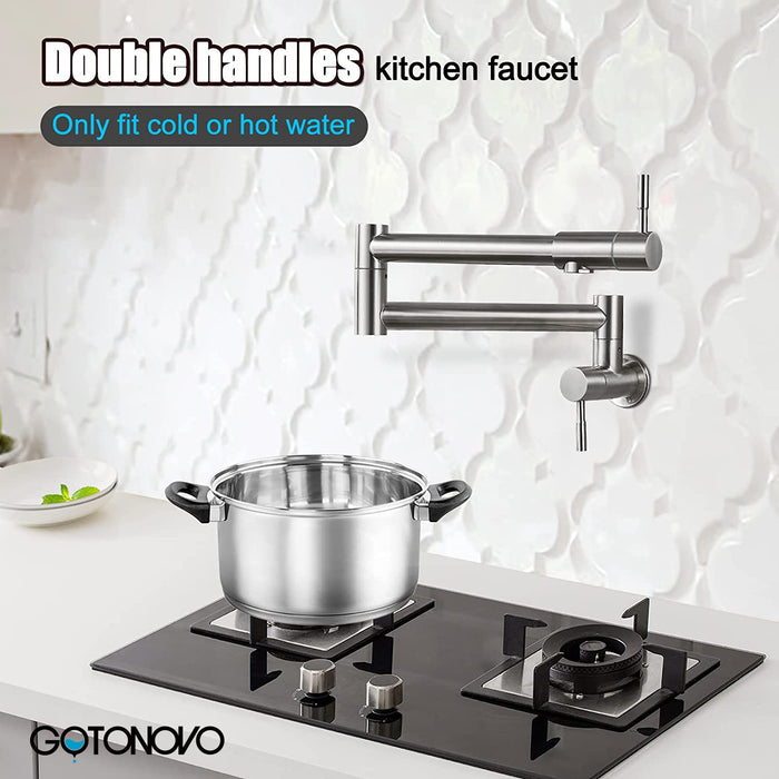 gotonovo Pot Filler Faucet Folding Stretchable Wall Mount Kitchen Restaurant Sink Faucet SUS304 Stainless Steel with Double Joint Swing Arm Single Hole Two Handles Commercial NPT