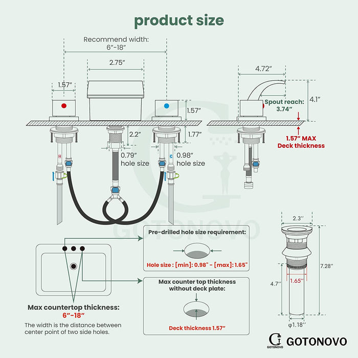 Gotonovo Waterval Wijdverspreide 3 Gaten Badkamer Wastafel Kraan Badrandcombinaties 8-16 Inch Dubbele Handgrepen Commercieel met Pop-Up Afvoer