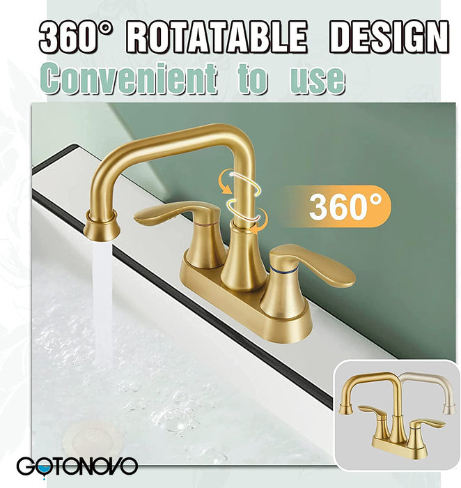 gotonovo Swivel Spout 2 Handle Lever Lavatory Bathroom Vessel Sink Faucet 4-Inch Centerset Deck Mount Mixer Tap with Metal Pop-up Drain Overflow and Faucet Supply Lines