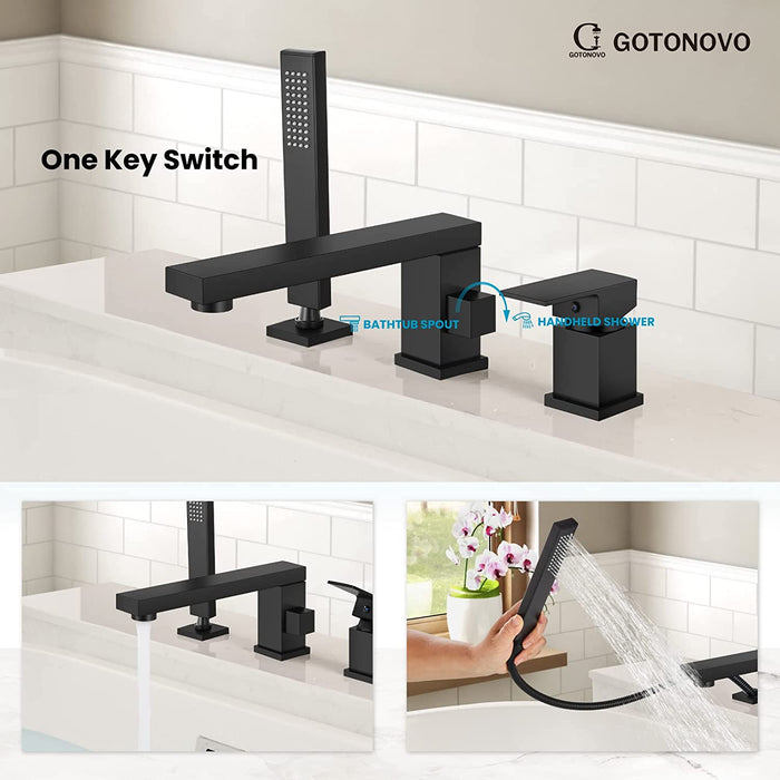 gotonovo Deck Mount Roman Tub Filler Faucet 3-Hole Single Handle Widespread Bathtub Faucet with Handheld Shower Bathroom Tub Faucet Set