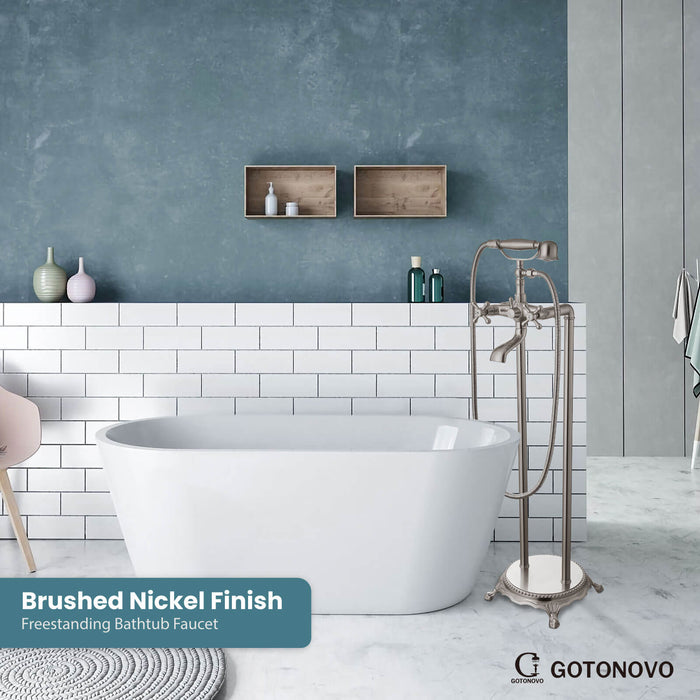 gotonovo Freestanding Bathtub Faucet Floor Mount Tub Filler Double Cross Knobs Bathroom Mixing Tap with Handheld Shower Telephone Shape