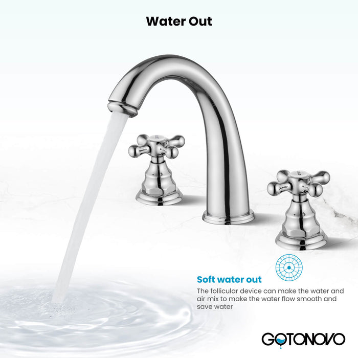 gotonovo 3 Hole Widespread Bathroom Sink Faucet Double Cross Handle Deck Mount Hot Cold Water Matching Pop Up Drain with Overflow with Cold and Hot Marks