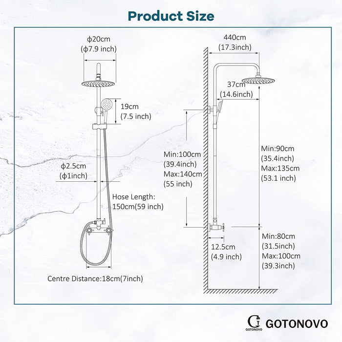 gotonovo SUS304 Outdoor Shower Fixture System Combo Faucet Set Double Cross Handle High Pressure Hand Spray Wall Mount 2 Dual Function Rainfall Shower Fixture