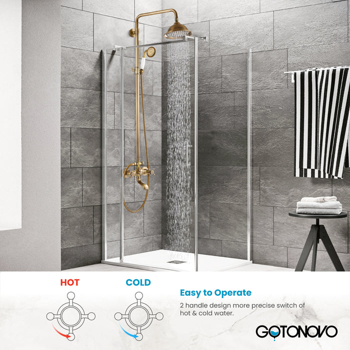 Gotonovo Exposed Shower System 8 Inch Rainfall Shower Head with Tub Spout and Handheld Spray Dual Cross Handle Bathroom Shower Faucet Wall Mount