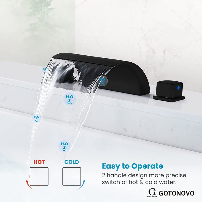 gotonovo Bathroom Waterfall Tub Faucet Deck Mount Roman Tub Filler 3 Hole Bathtub Faucet with Square Knob Handle Bathtub Spout Brass Valve Stainless Steel Water Supply Lines High Flow