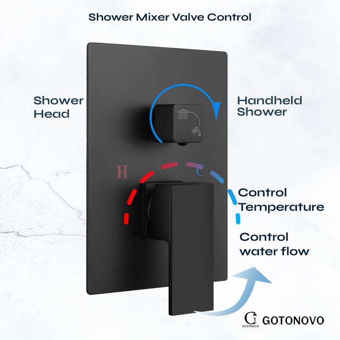 gotonovo Matte Black Rain Shower System Ceiling Mount 12 Inch Shower Head with Handheld Spray Luxury High Pressure Shower Combo Set Rough-in Valve and Shower Trim Included Dual Function