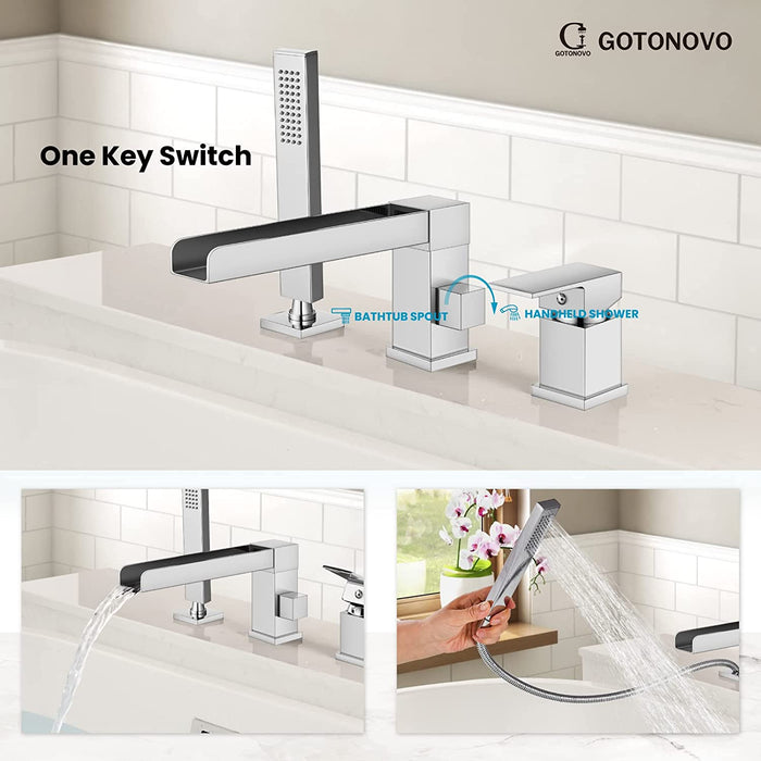 Gotonovo Waterval Romeinse badkuipkraan Tub Filler 3-gats dekmontage Enkele handgreep Wijdverspreide badkuipkraan met handdouche Badkamerkraan