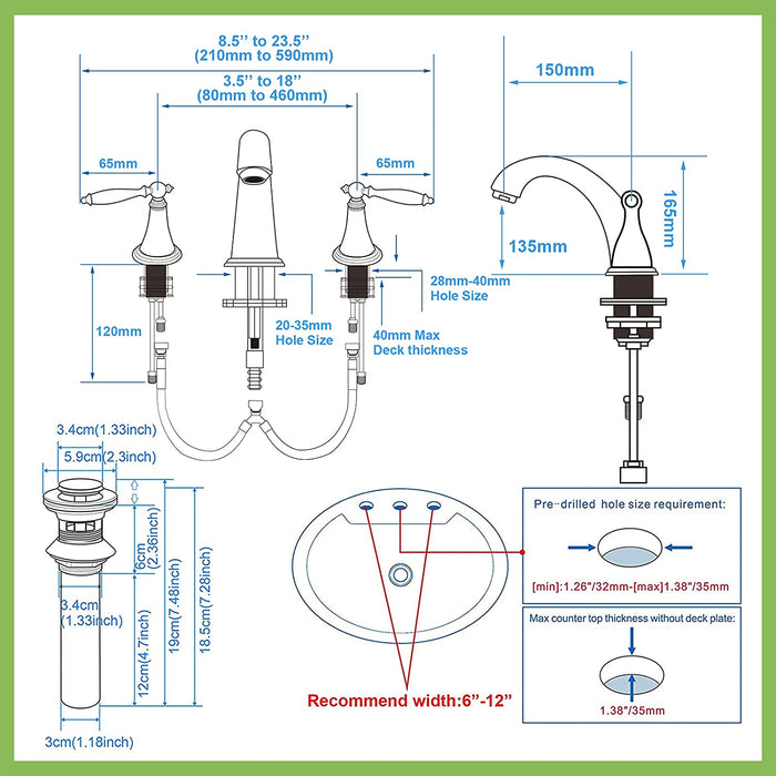gotonovo Widespread 3 Hole Bathroom Sink Faucet Double Lever Handle 8 Inch Mixer Tap with Pop Up Drain with Overflow Deck Mount