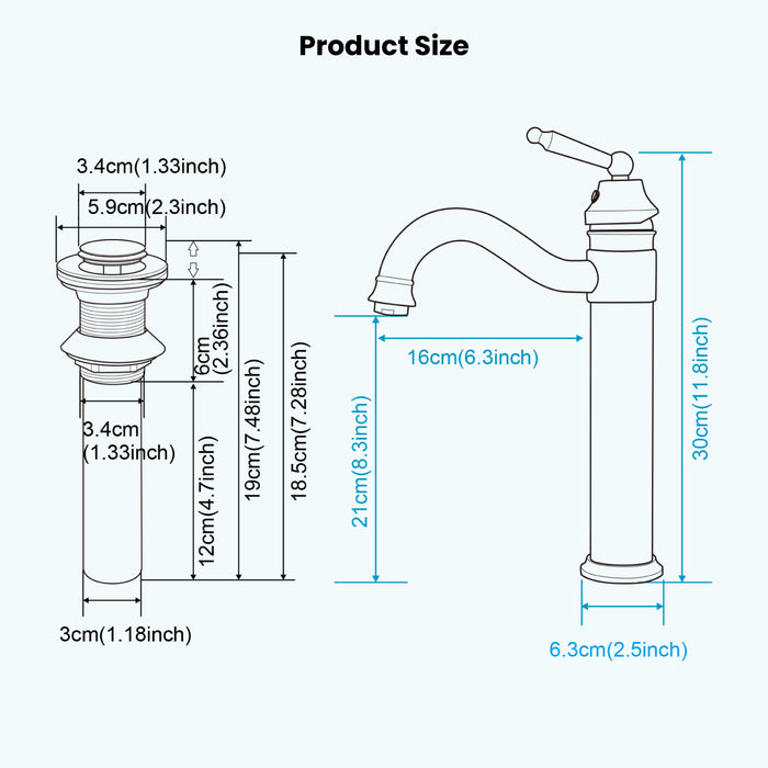 Messing wastafelkraan met enkele handgreep Geborsteld messing Badkamerkraan met groot bereik Mengkraan Geborsteld messing Pop-up afvoer zonder overloop Inclusief warm en koud water