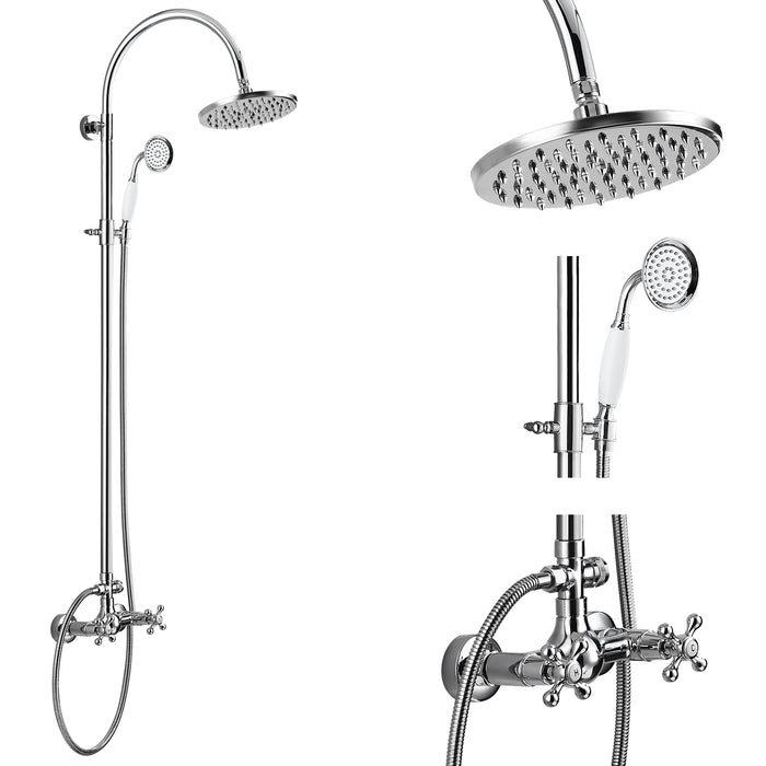 gotonovo Exposed Shower System Wall Mounted 8 Inch Round Shower Head Bathroom Shower Faucet with Telephone shape Handheld Spray Dual Function Double Cross Handles Shower Fixture set