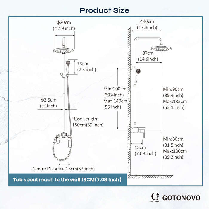 gotonovo Matte Black Exposed Shower Faucet Fixture Set 8inch Rain Shower Single Handle Triple Function Tub Spout Shower Fixture Combo System Unit Set