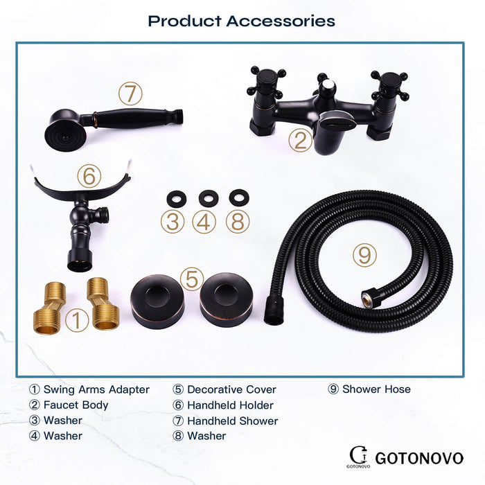 gotonovo Wall Mount Bathroom Bathtub Faucet Set Vintage with Hand Held Shower Spray Double Cross Handle 2 Functions 360 Swivel Mixer Tub Spout