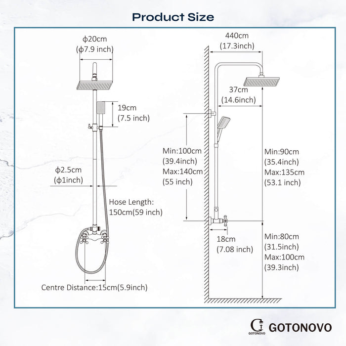 Gotonovo Olie Gewreven Gebronsde Blootgestelde Douchearmatuur Systeemset Combo met ABS Handdouche 8 inch Vierkante Douchekop Dubbele Knoppen Kruisgreep 2 Functie Buitendouche Kraan Unit Set 