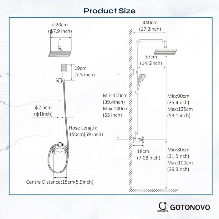 gotonovo Oil Rubbed Bronzed Exposed Shower Fixture System Set Combo with ABS Handheld Shower 8inch Square Shower Head Double Knobs cross Handle 2 Function Outdoor Shower Faucet Unit Set