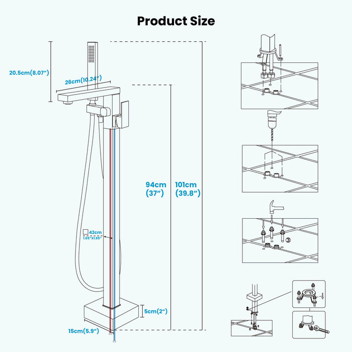 gotonovo Freestanding Bathtub Faucet Floor Mount Tub Filler Single Handle Brass Tap with Hand Shower and 360 Degree Swivel Spout