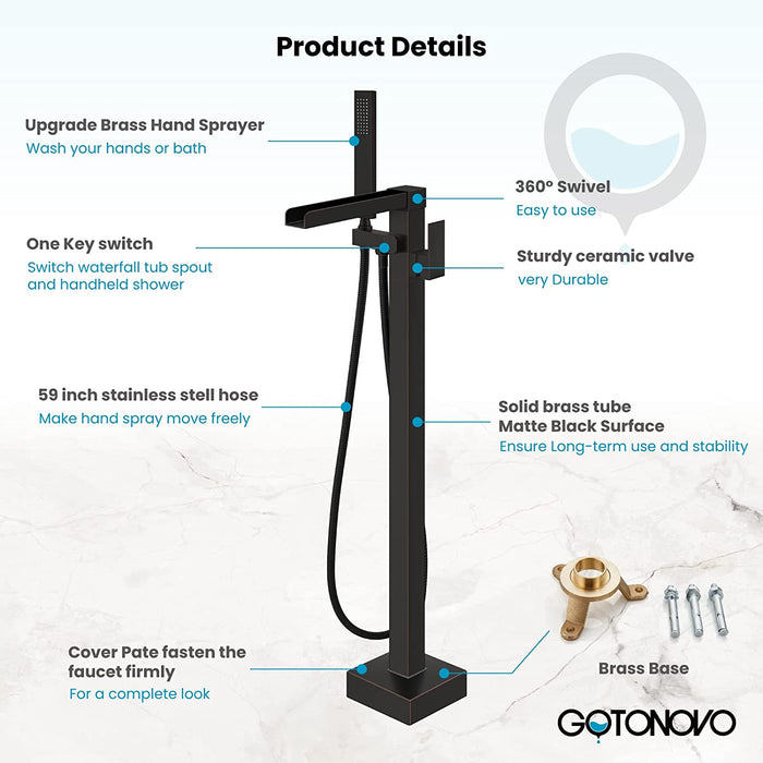 gotonovo Waterfall Freestanding Bathtub Faucet Floor Mount Tub Filler Single Handle Brass Tap with Hand Shower and 360 Degree Swivel Spout