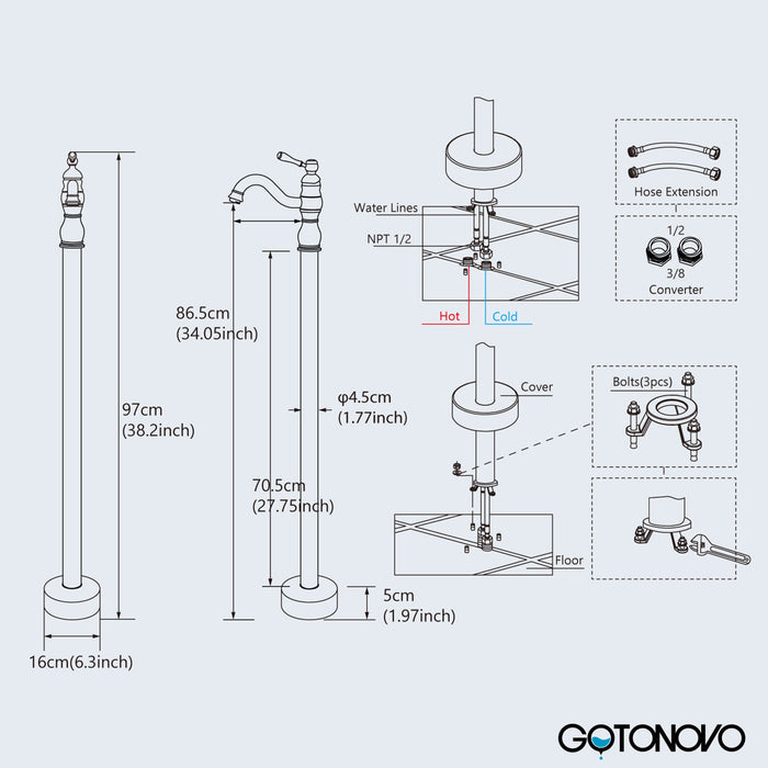 Gotonovo Brushed Nickel Freestanding Bathtub Faucet Swivel Spout Single Handle Floor Mount Tub Filler Bathtub Mixer Tap