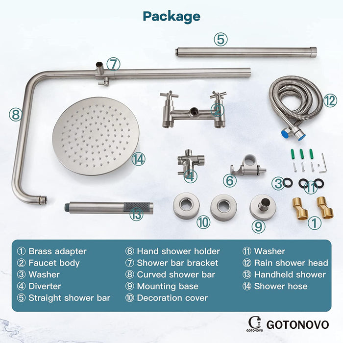 gotonovo buitendouchekraan SUS304 douchearmatuur comboset dubbele kruishandgreep regendouche hogedruk handsproeier wandmontage 2 functies 8 inch