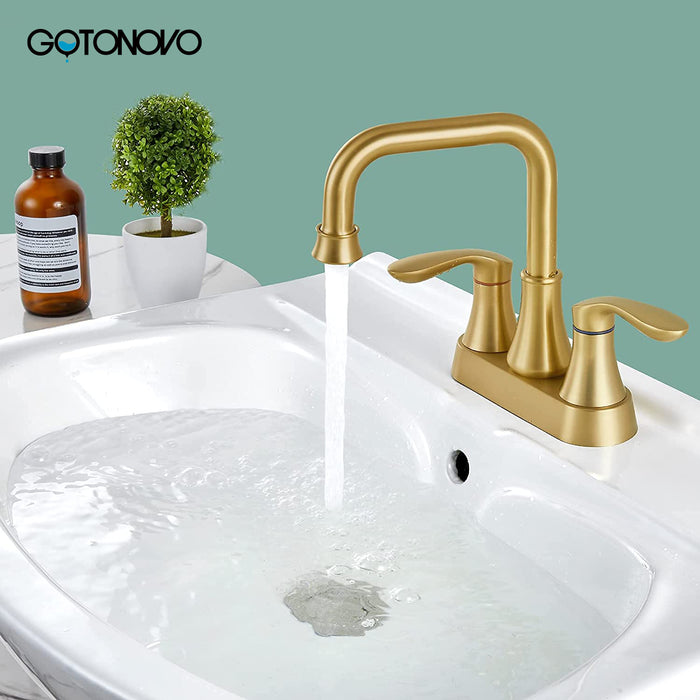 gotonovo Swivel Spout 2 Handle Lever Lavatory Bathroom Vessel Sink Faucet 4-Inch Centerset Deck Mount Mixer Tap with Metal Pop-up Drain Overflow and Faucet Supply Lines