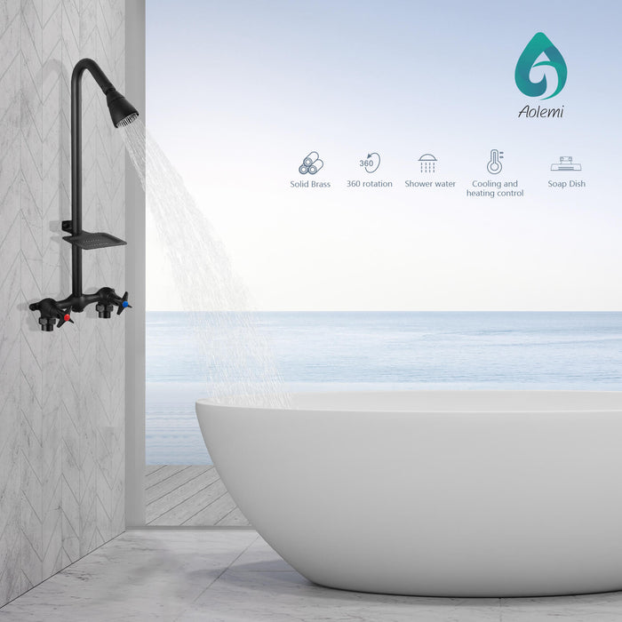 gotonovo Matte Black Outdoor Shower Kit Wall Mount Exposed Shower Faucet with Soap Dish Double Cross Handle Utility Shower Faucet Set with Shower Head