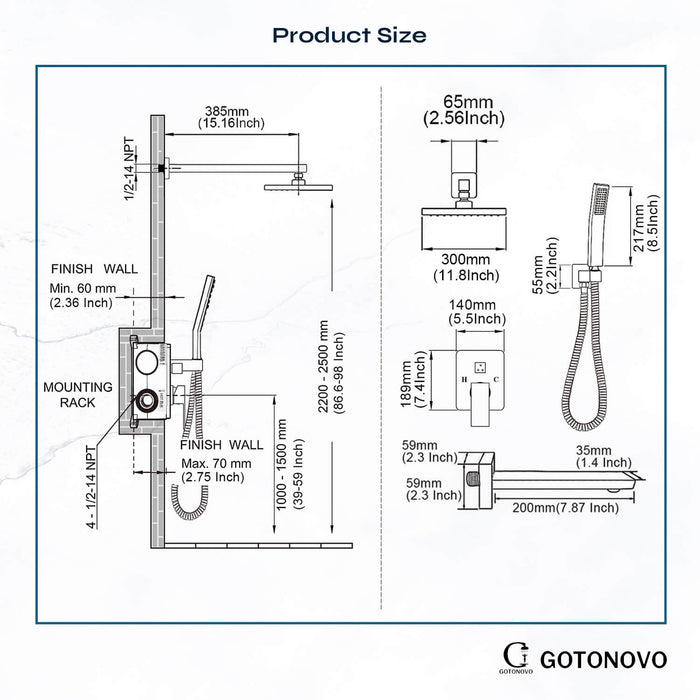 gotonovo Regendouchesysteem met baduitloop Mixer Douchecombinatieset 3 Functies Wandgemonteerde douchekop Handdouche Badkamer Luxe Rain Rough-in ventiellichaam en afwerkingsset 
