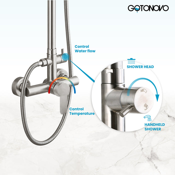 Gotonovo Exposed Shower System 304 Stainless Steel Shower Head with 2 in 1 Cylinder Handheld Spray 2 Function Wall Mount Single Handle