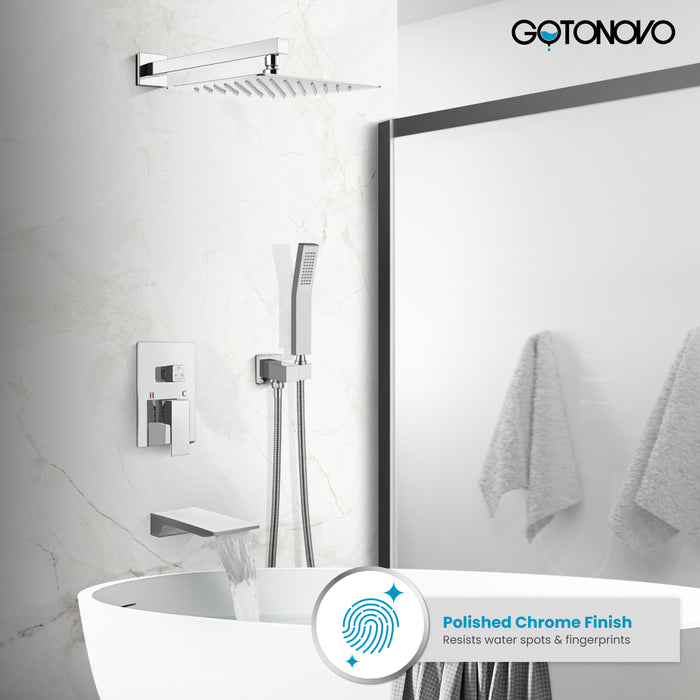 Gotonovo Rain Shower Combo Set with Waterfall Tub Spout Square Rainfall Shower Head with Handheld Spray Pressure Balance Rough-in Valve and Trim Included