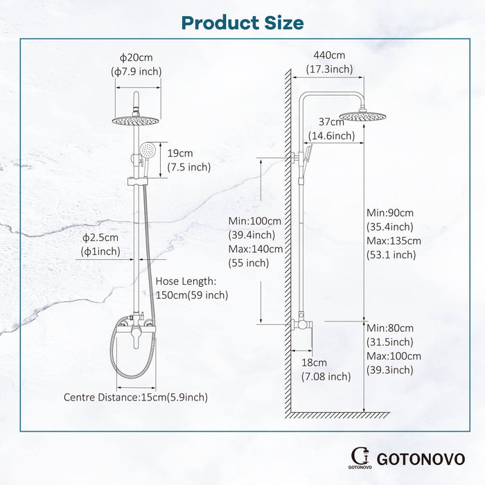 gotonovo Outdoor Shower System Set 8 inch Shower Head Single Handle High Pressure Hand Spray Wall Mount Dual Function Rainfall Shower Fixture