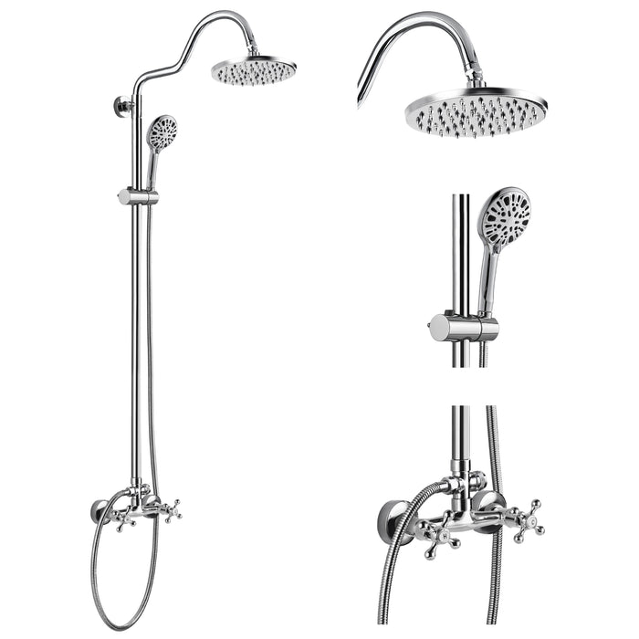 gotonovo Exposed Shower Faucet 8 inch Round Top Head Wall Mounted Double Cross Handle With ABS 8 Modes Handheld Sprayer Dual Function Shower Unit Set