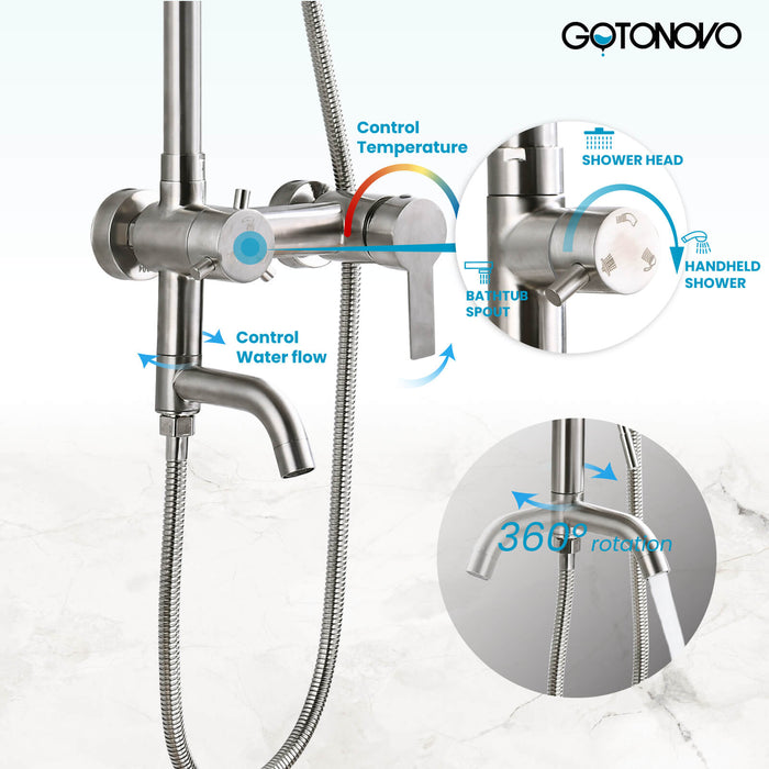 Gotonovo Exposed Shower System 8 Inch Rainfall Shower Head with Cylinder Hand Sprayer and Tub Spout Stainless Steel Bathroom Shower Faucet Fixture Wall Mount Triple Function