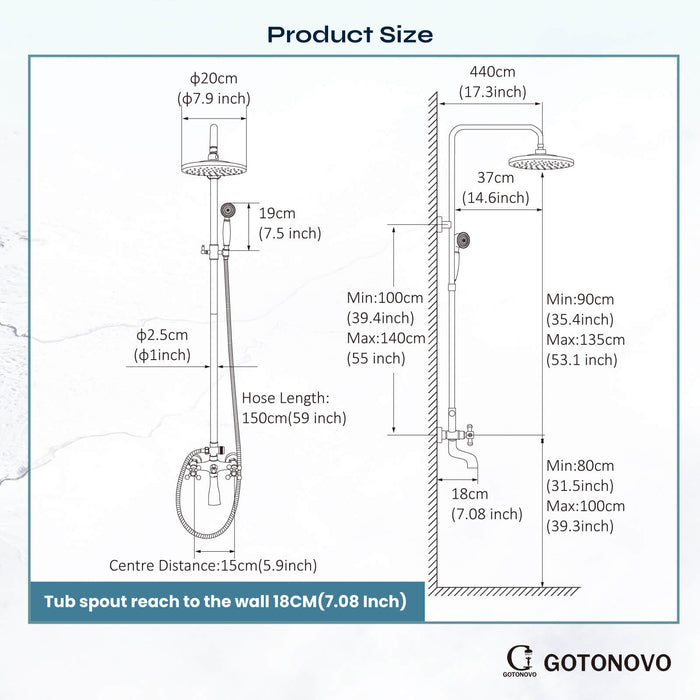 gotonovo Exposed Shower Set 8inch Top Shower Double Knobs cross Handle with Tub Spout Triple Function Shower Fixture System Set