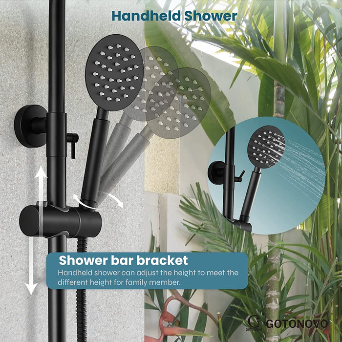 gotonovo Outdoor Shower Fixture System Combo Set Rainfall Lever Handle High Pressure Round Hand Spray Wall Mount Dual Function SUS304