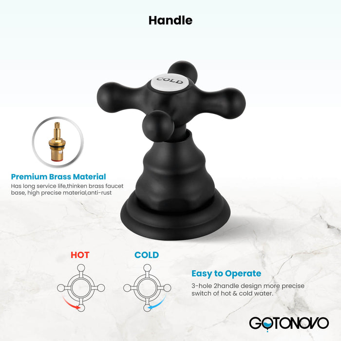 gotonovo 3 Hole Widespread Bathroom Sink Faucet Double Cross Handle Deck Mount Hot Cold Water Matching Pop Up Drain with Overflow with Cold and Hot Marks